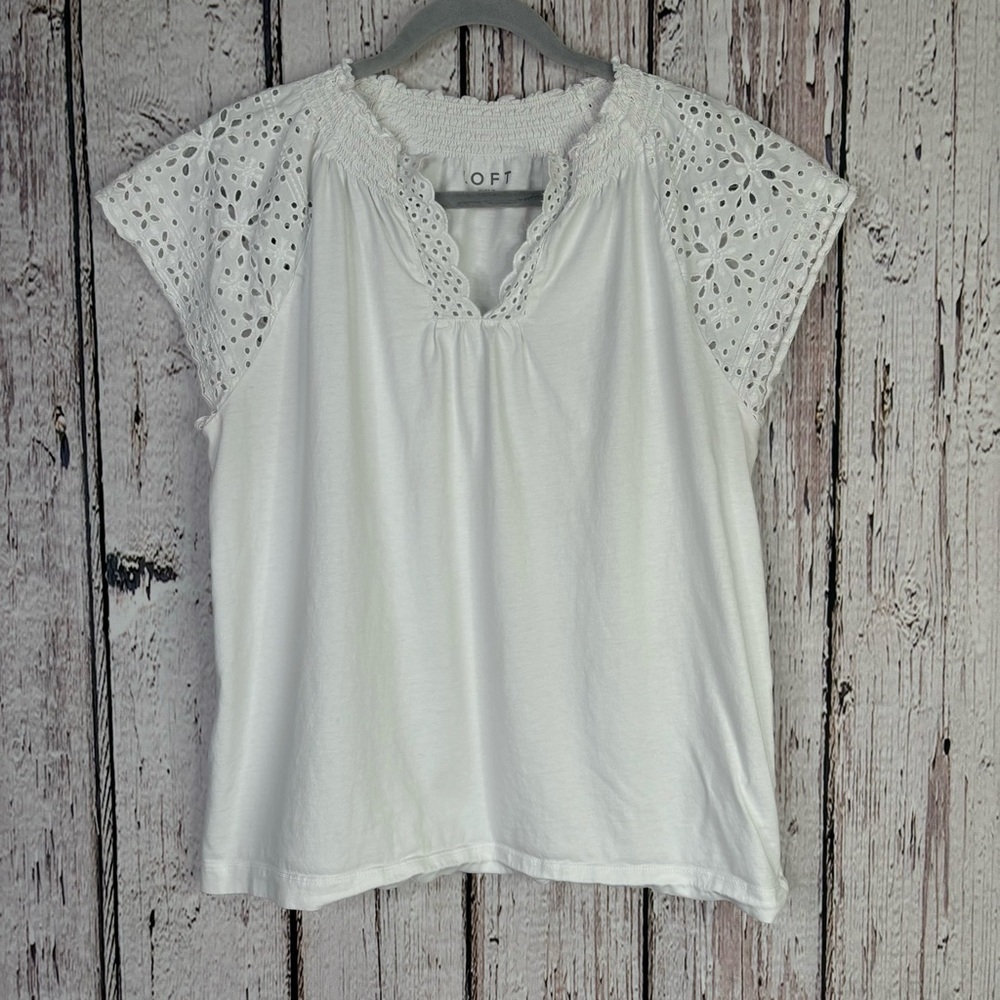 LOFT Size Large White Blouse Eyelet Sleeves & Neck Split Neckline 100% Cotton